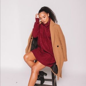 Burgundy Cable Knit Turtleneck Sweater Dress